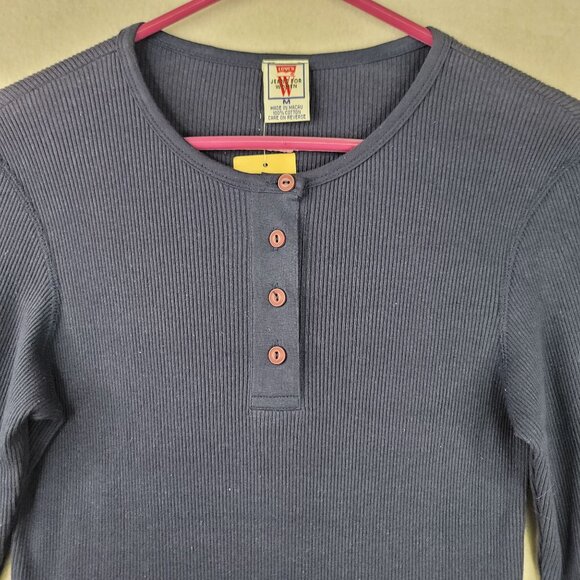 Vintage 90s Levi's Size M Slim Ribs Long Sleeve Henley Shirt Cotton Navy Blue - Picture 2 of 9